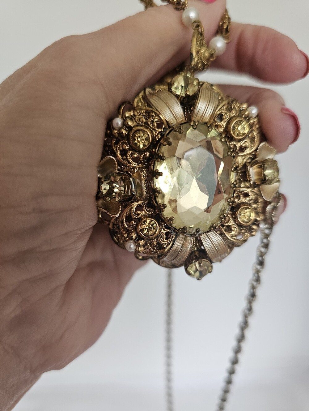 Vintage West Germany Ornate Crystal Filigree Pendant Necklace